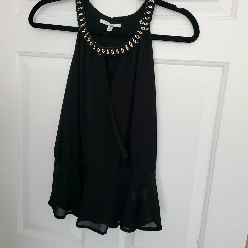 PAPAYA Black Halter Top with Gold Chain Trim